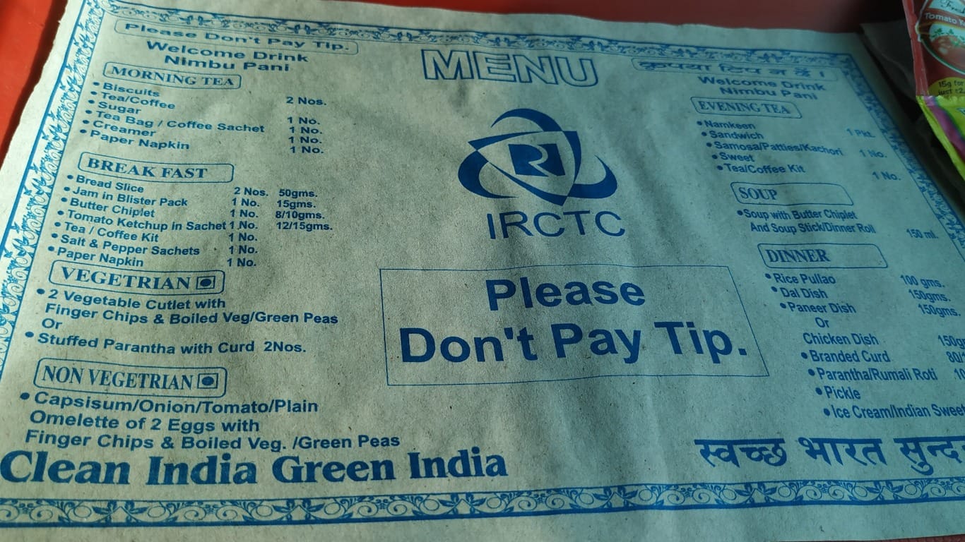 Menú de comida en los trenes de India (AC Chair Class)