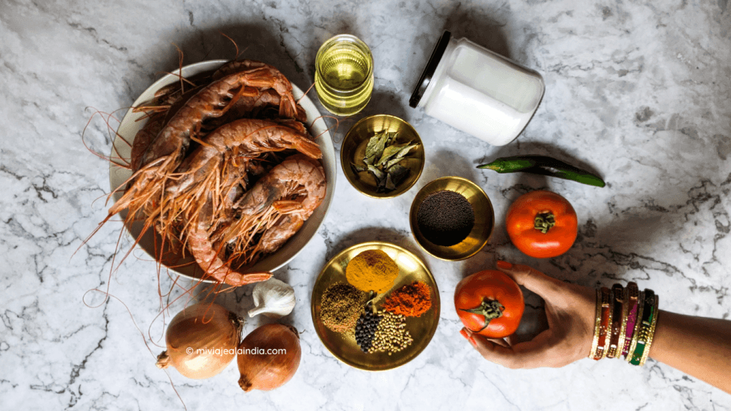 Ingredientes para el curry de gambas con coco de la India